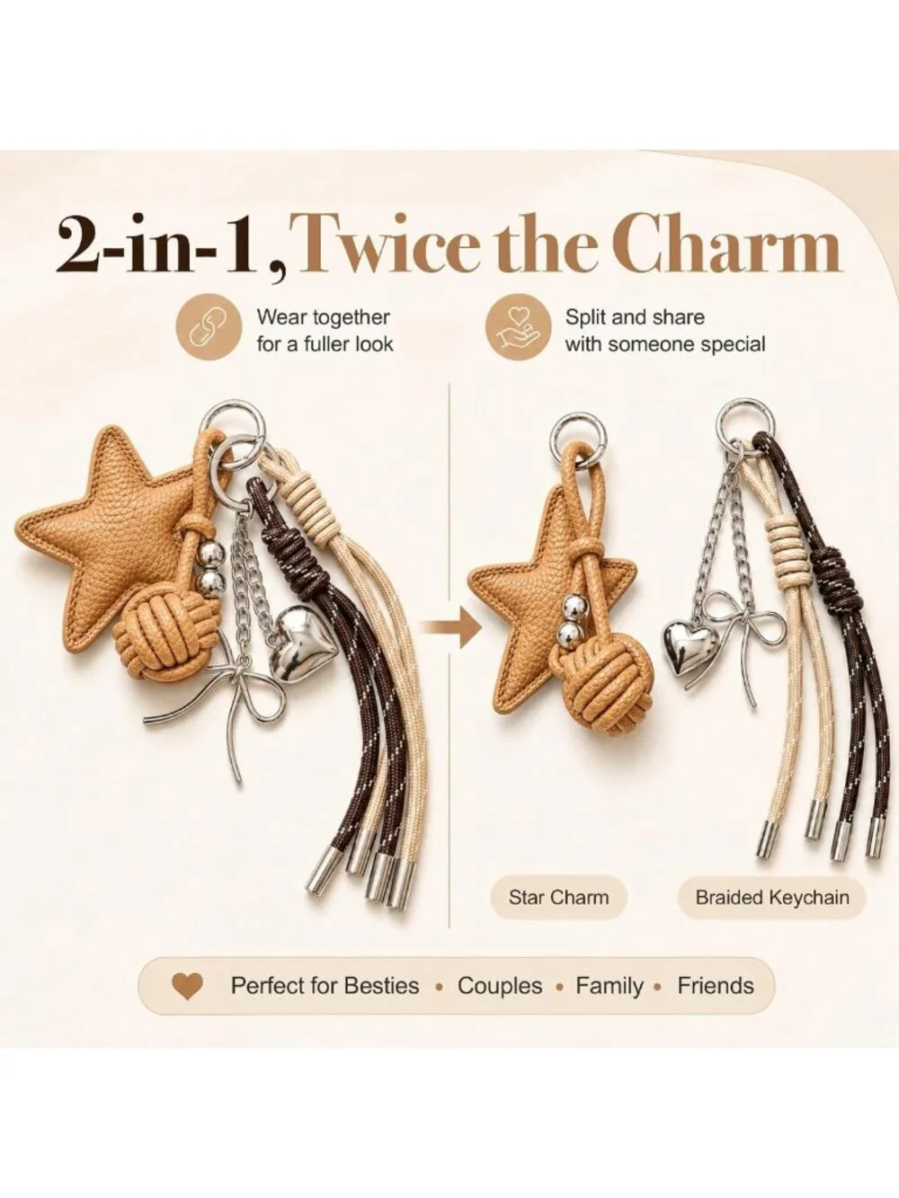 Chic 2-in-1 PU Leather Star Bag Charm Keychain with Braided Rope & Bow Accents